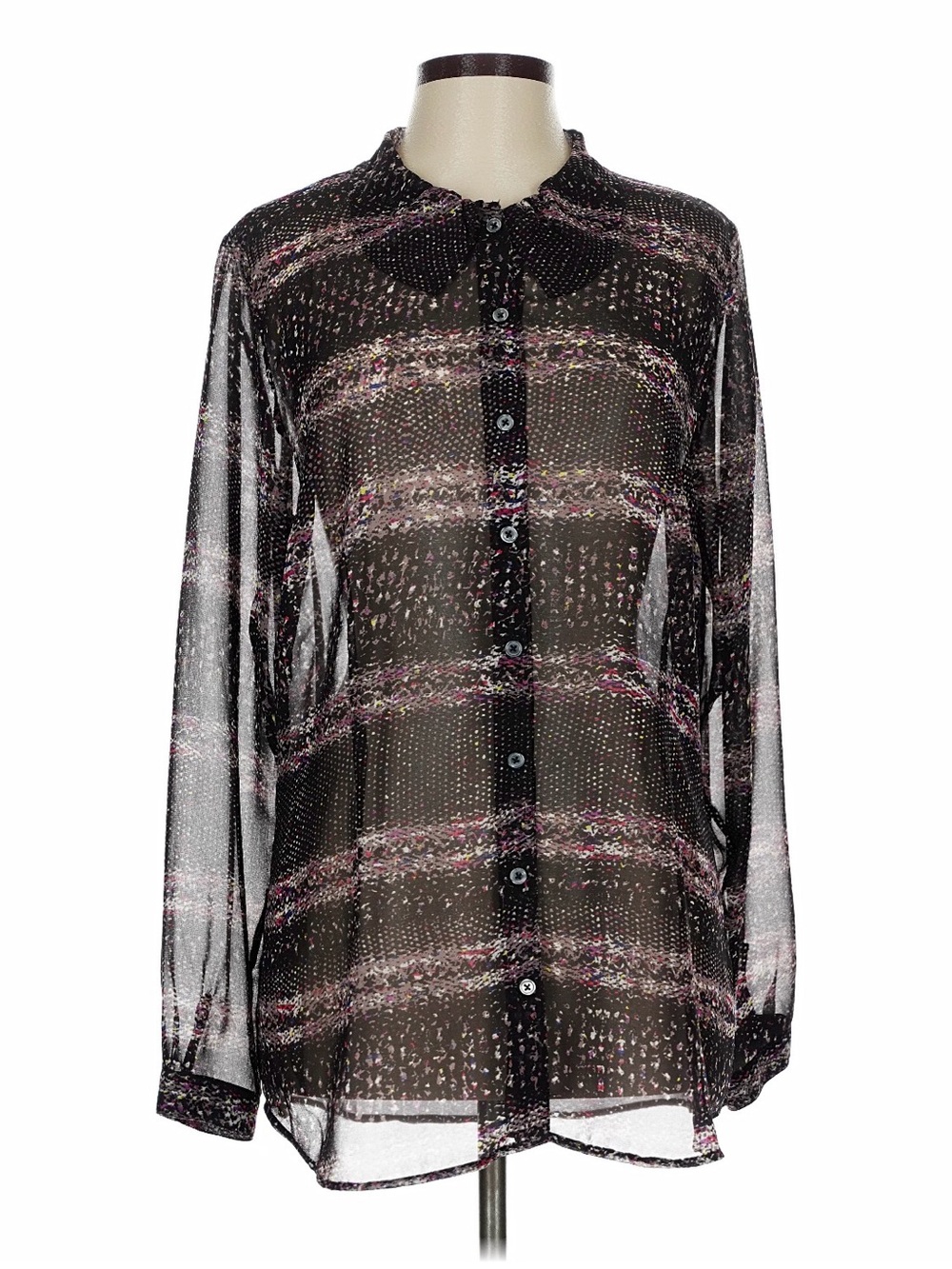 CAbi Sheer Black and Pink Striped Button-Down Blouse